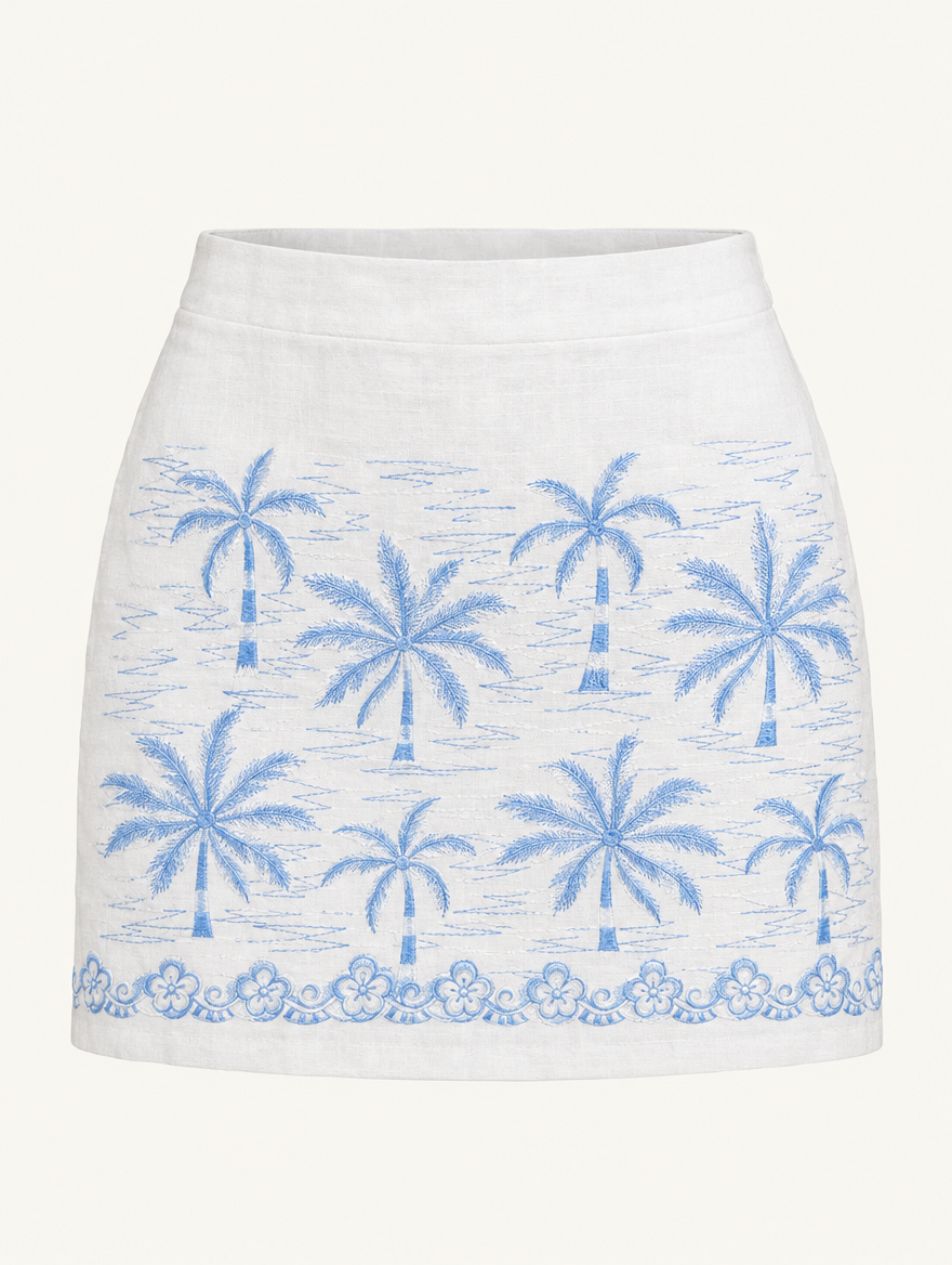 YUSHE Palm Tree Embroidered Mini Skirt, White - Main - product only