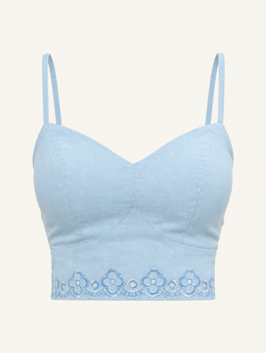 YUSHE Palm Tree Embroidered Bralette Crop Top, Blue - Main - product only