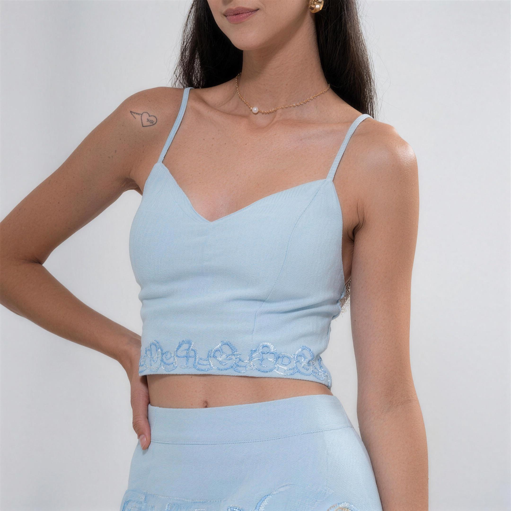 YUSHE Palm Tree Embroidered Bralette Crop Top, Blue - additional model view