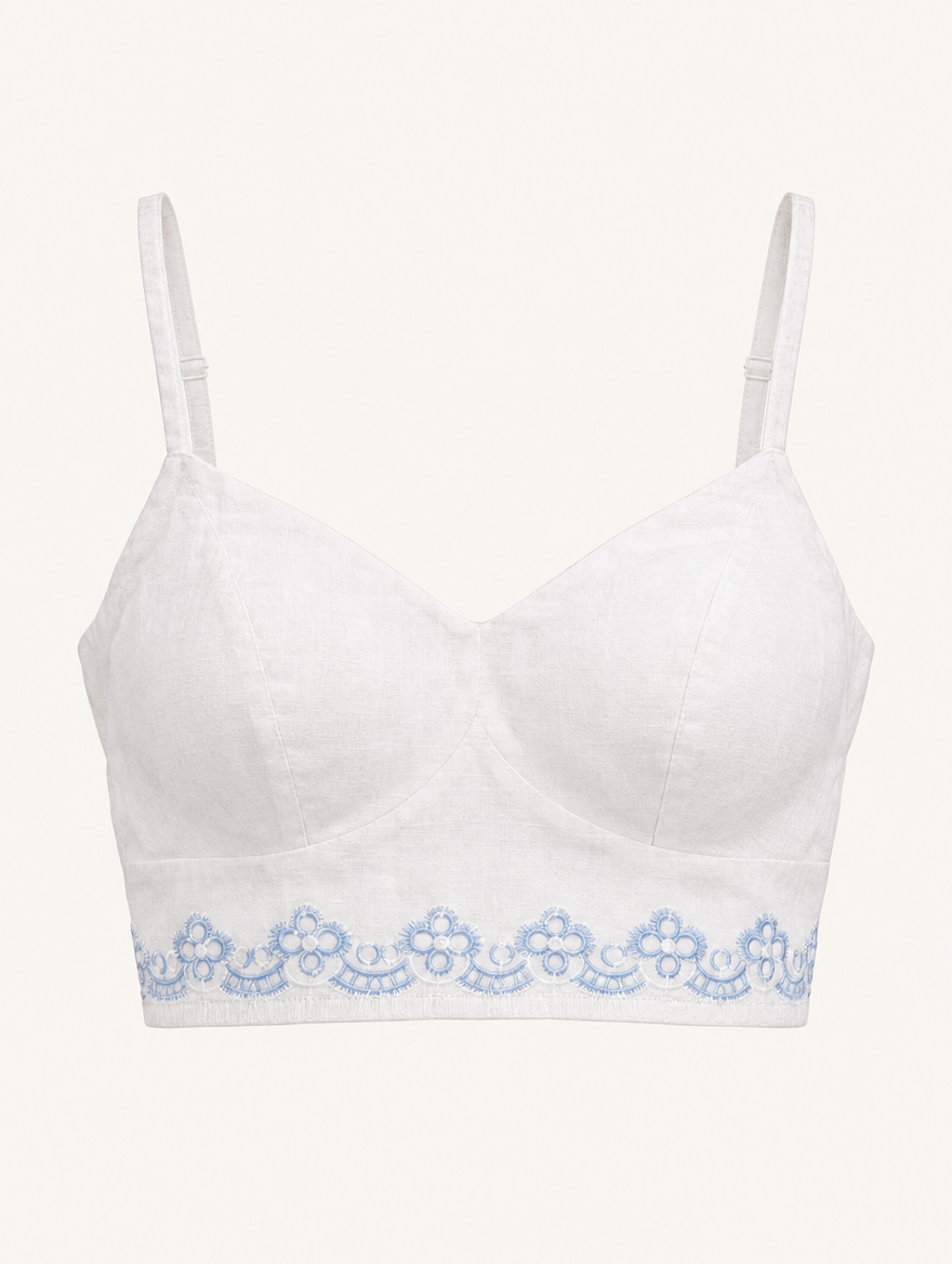 YUSHE Palm Tree Embroidered Bralette Crop Top, White - Main - product only