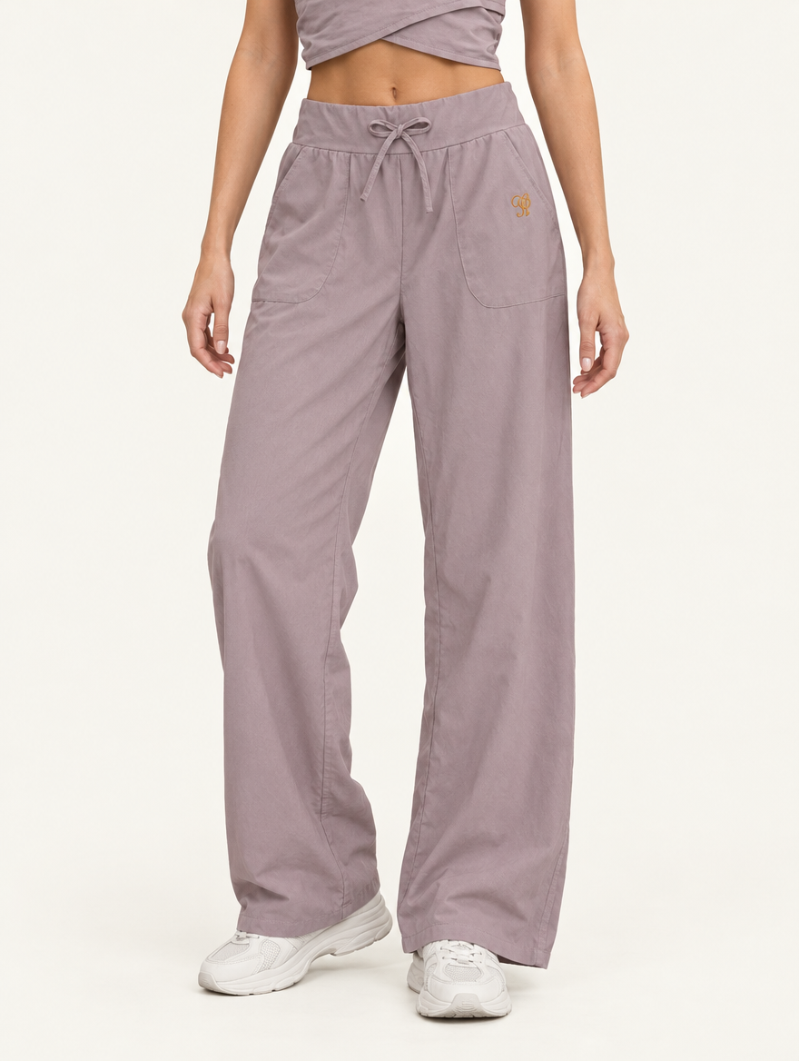 YUSHE Ruched  Wide-Leg Pants, Beige - Hover · model