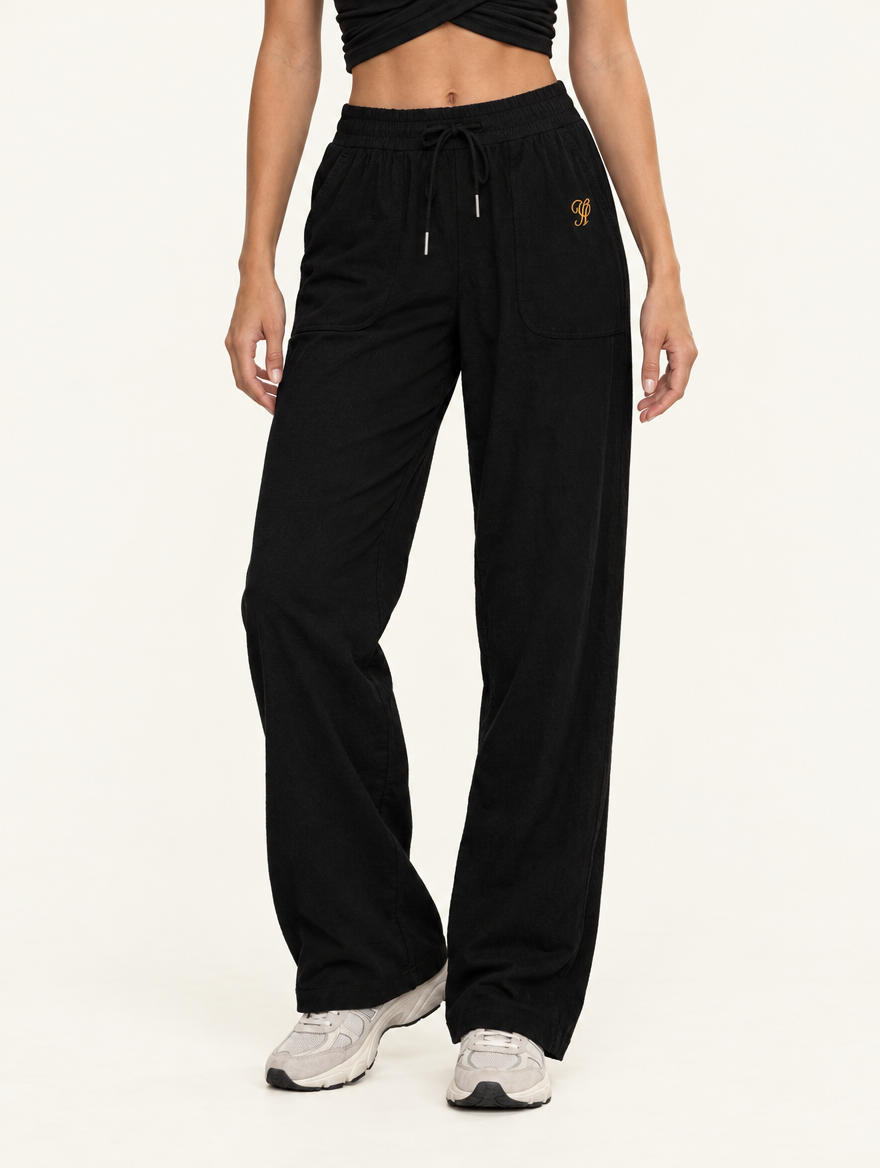 YUSHE Ruched  Wide-Leg Pants, Black - Hover · model