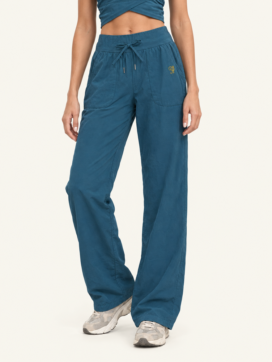 YUSHE Ruched  Wide-Leg Pants, Blue - Hover · model