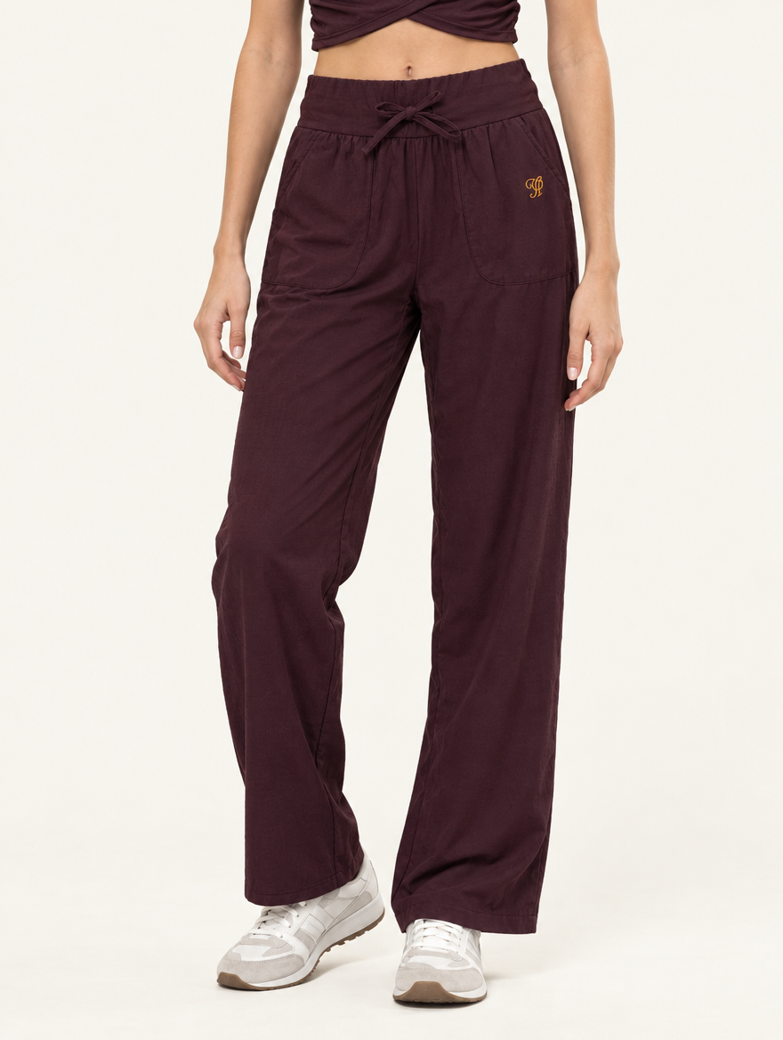 YUSHE Ruched  Wide-Leg Pants, Maroon - Hover · model