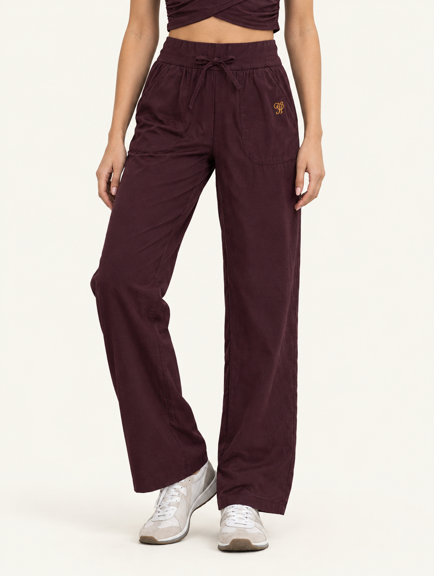 YUSHE Ruched  Wide-Leg Pants, Maroon - Alternate fit view