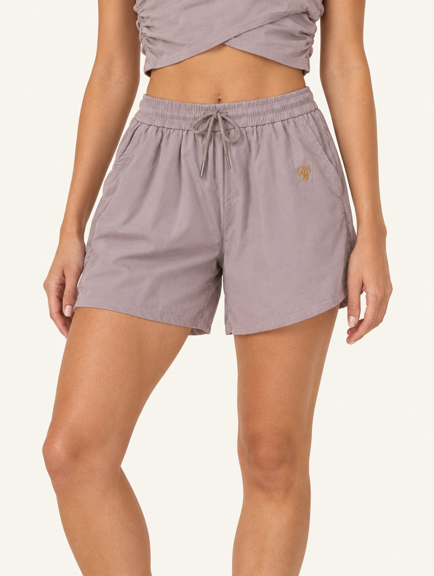 YUSHE Ruched Shorts, Beige - Hover · model