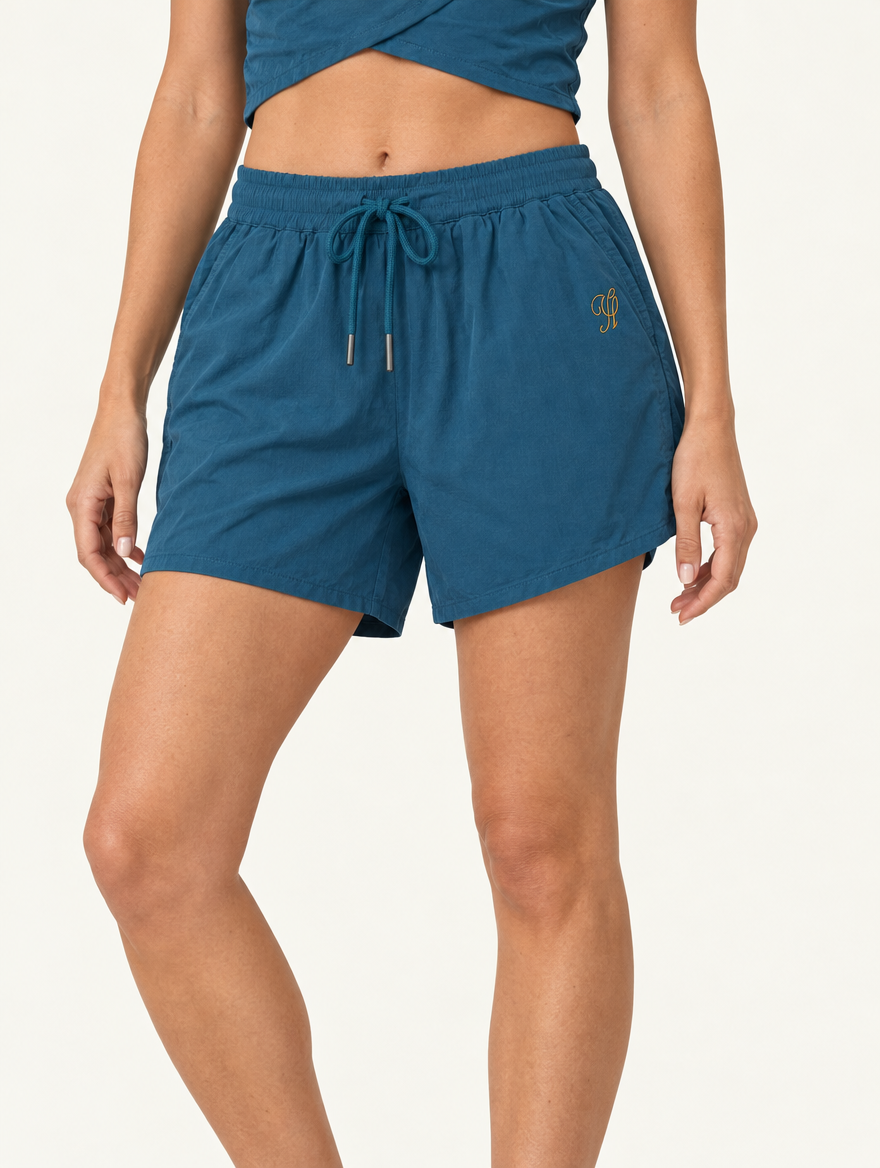 YUSHE Ruched Shorts, Blue - Hover · model