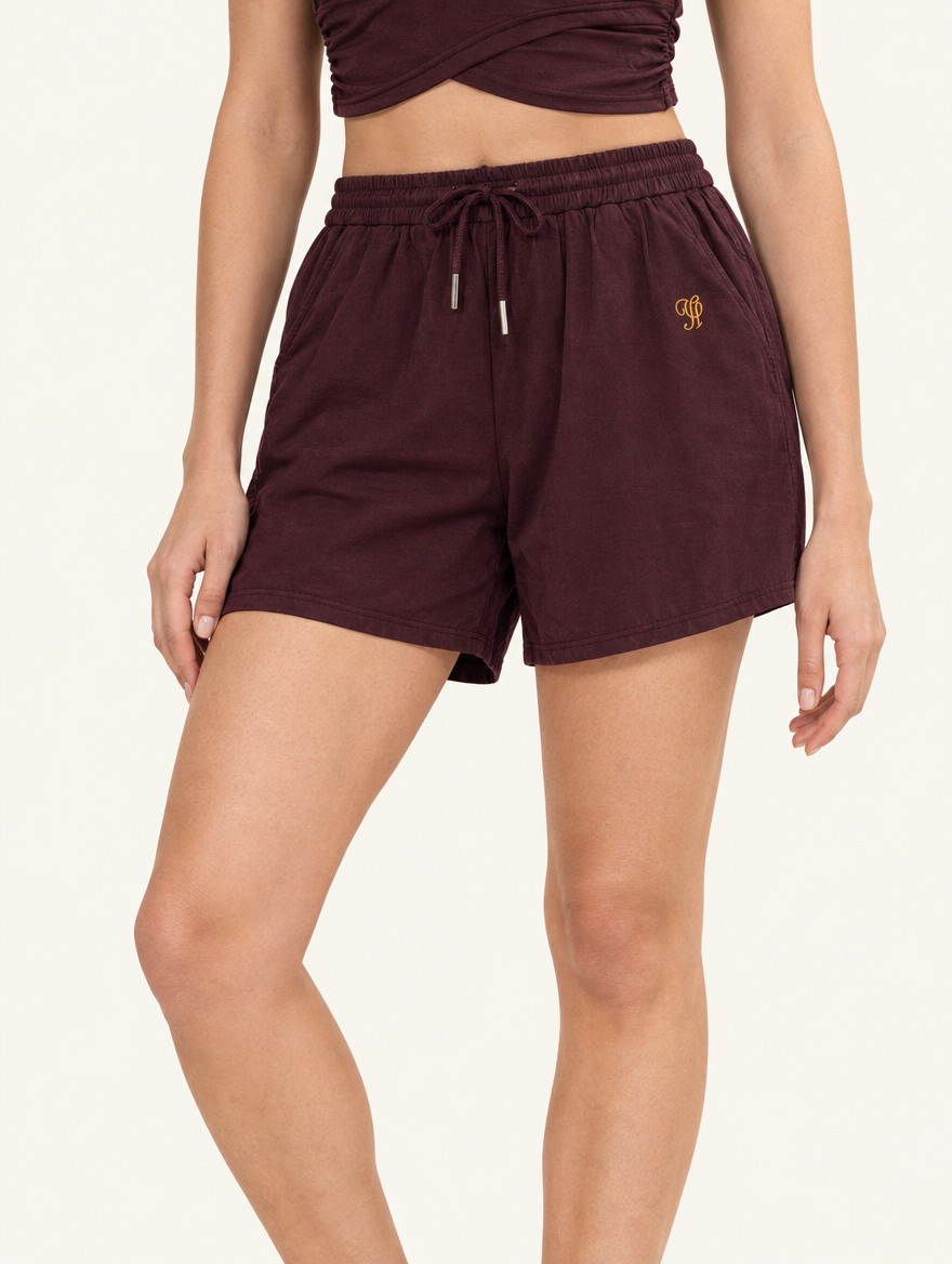 YUSHE Ruched Shorts, Maroon - Hover · model