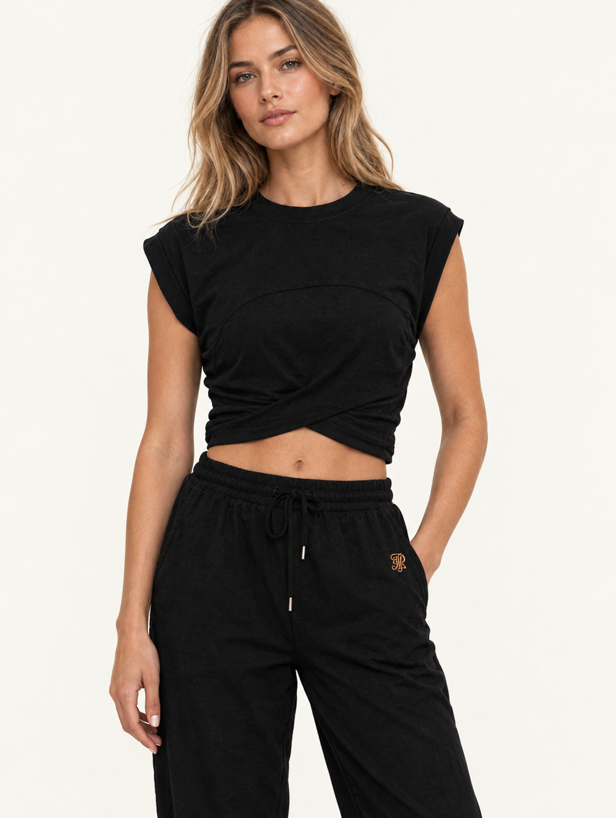 YUSHE Sleeveless Ruched Top, Black - Hover · model