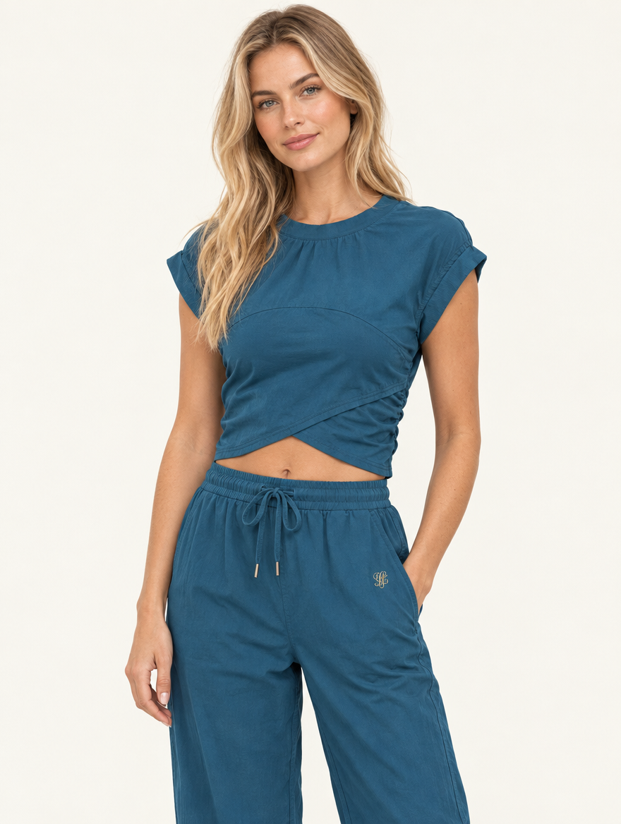 YUSHE Sleeveless Ruched Top, Blue - Hover · model
