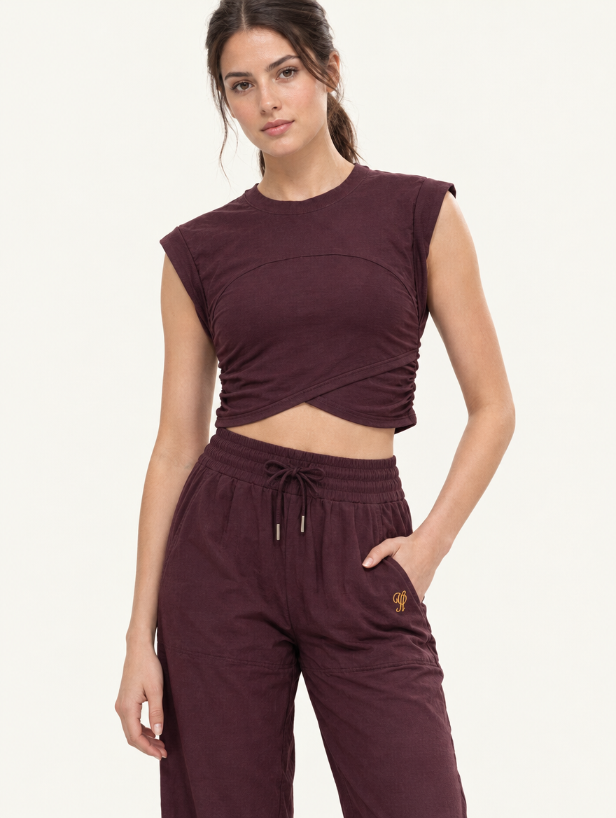 YUSHE Sleeveless Ruched Top, Maroon - Hover · model
