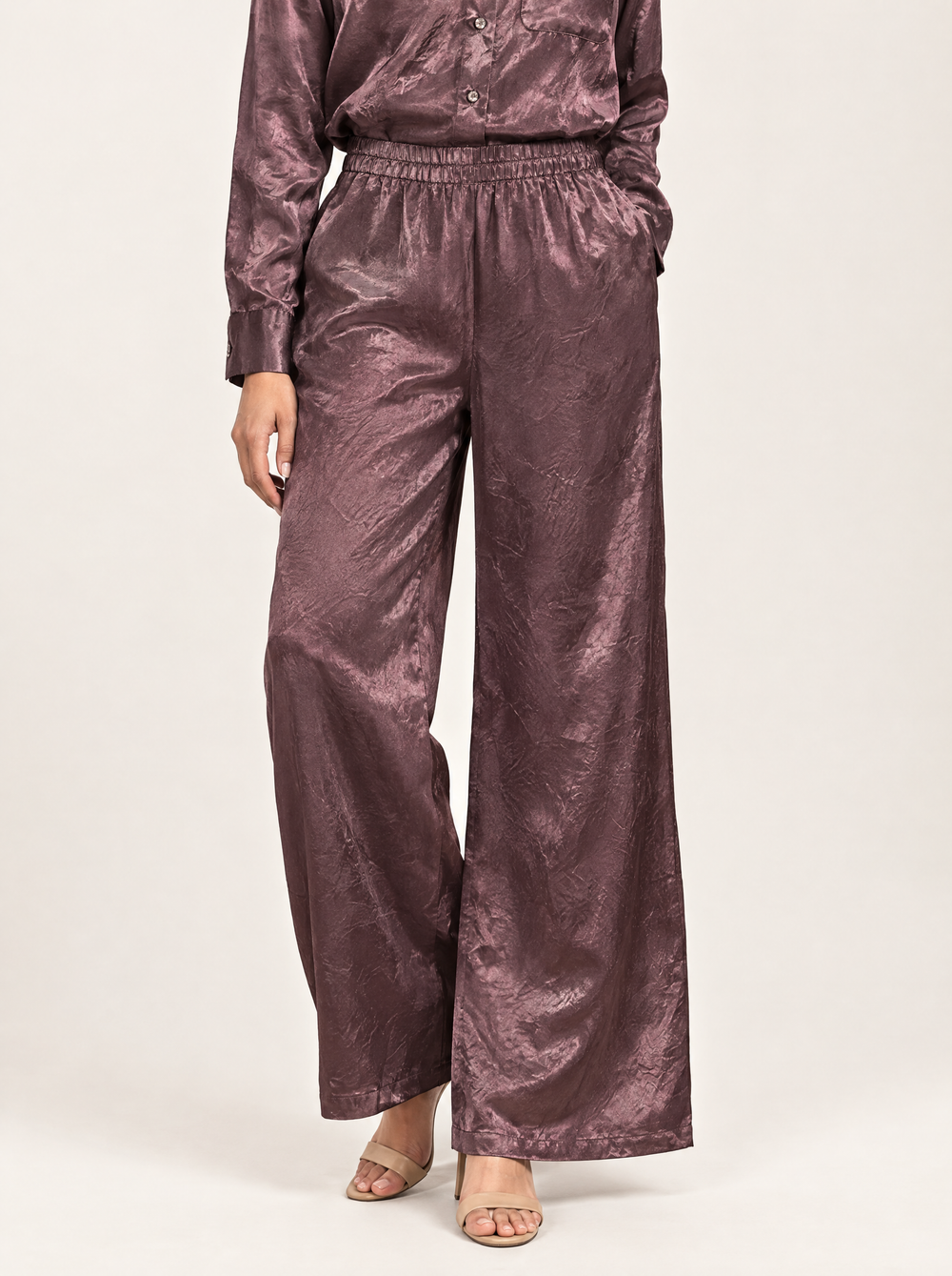 YUSHE Silky Drapey Trousers, Brown - Hover - model