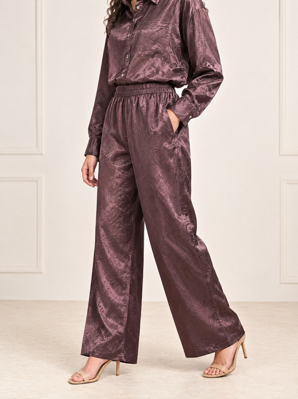 YUSHE Silky Drapey Trousers, Brown - Alternate angle - model