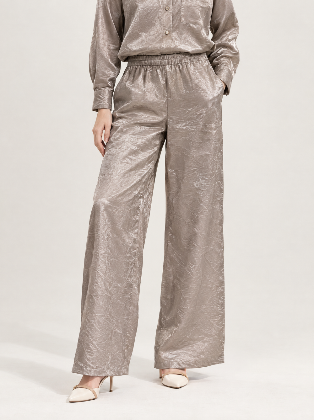 YUSHE Silky Drapey Trousers, Champagne - Hover - model