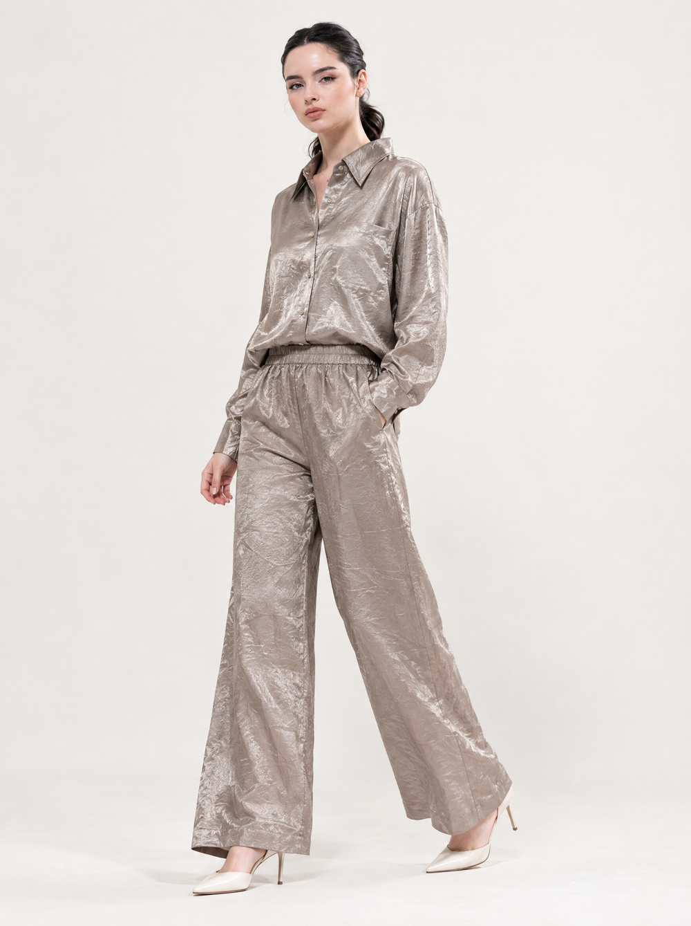 YUSHE Silky Drapey Trousers, Champagne - Alternate angle - model