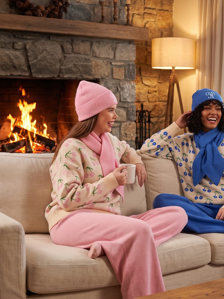 Cherry Knit Set in pink by a fireplace