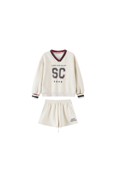 YUSHE Women's Varsity V-Neck Sweatshirt & Shorts Co-Ord Set