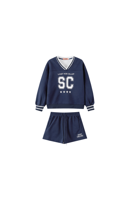 YUSHE Women's Navy Varsity V-Neck Top & Shorts Set