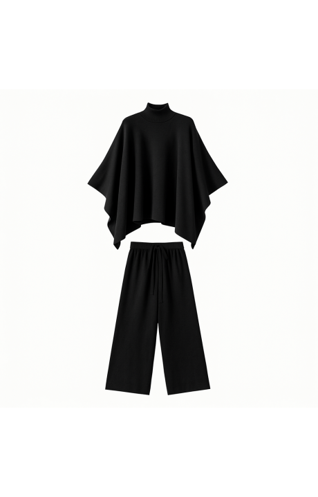 YUSHE Women's Black Cape Sleeve Top & Wide-Leg Shorts Co-Ord Set