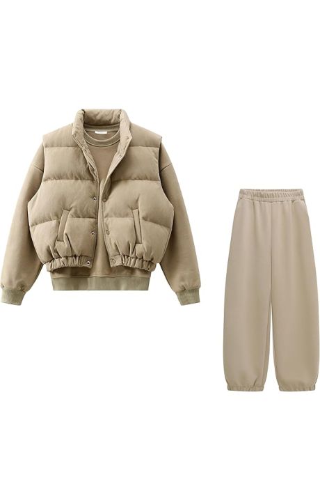 YUSHE Women's 3 Piece Cotton Blend Loungewear Set, Sweatshirt, Puffer Vest and Jogger Pants