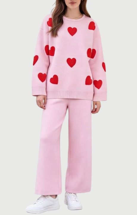  YUSHE Women Two Piece Outfit Sets | Valentine’s Lounge Set with 3D Heart Knit Sweater & High-Rise Pants | Women Winter Sets