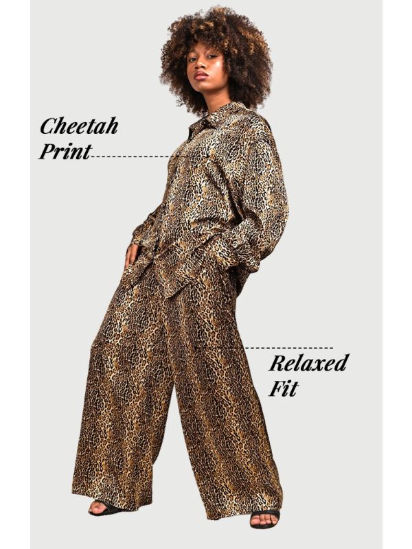 YUSHE Animal Print Long-Sleeve Shirt and Wide-Leg Pants Set
