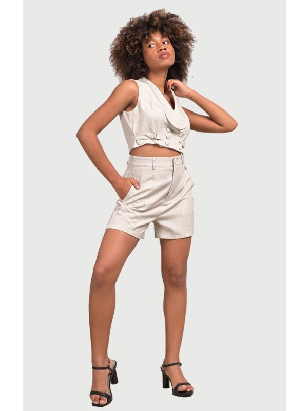 YUSHE Sleeveless Buttoned Vest and High-Waisted Shorts Set