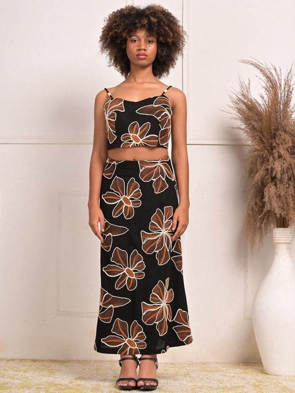 YUSHE Floral Print Crop Top and Maxi Skirt Set