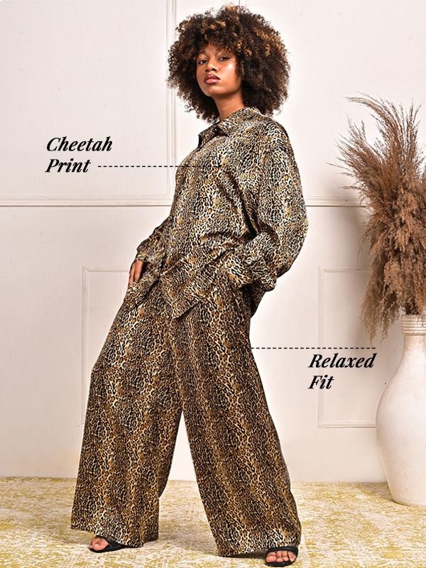 YUSHE Animal Print Long-Sleeve Shirt and Wide-Leg Pants Set