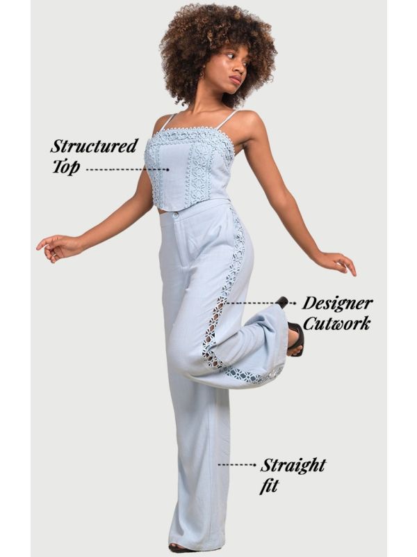 YUSHE Embroidered Crop Top and Wide-Leg Pants Set