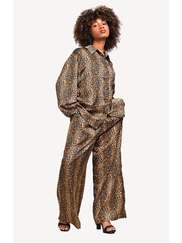 YUSHE Animal Print Long-Sleeve Shirt and Wide-Leg Pants Set